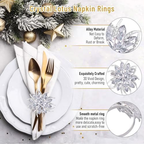 Legigo Set of 8 Christmas Lotus Flower Napkin Rings Set for Dinning Table Setting- Silver Rhinestone Xmas Winter Napkin Ring Holders for Cloth Napkins, Christmas Holiday Party Dinner Table Decoration