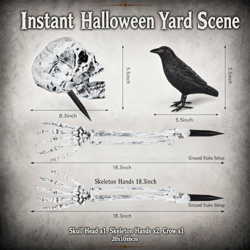 Halloween Yard Stakes Skeleton Decorations – Skull Head with Crow & 2 Skeleton Hands, 4-Piece Outdoor Halloween Decor, Skeleton Bones Ground Stakes for Yard, Lawn, Garden & Graveyard Display