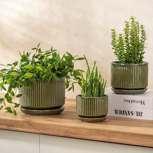 SURE YUESI Ceramic Plant Flower Pots for Indoor Plant, 4.33"+5.5"+6.88", Set of 3, Orchid Pot with Drainage Hole, Saucer and Hole Mesh Pad for Succulents, Herbs and African Violet (Light Green)