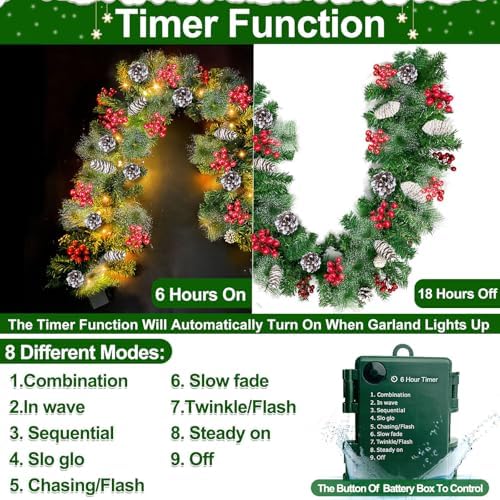 Timer & 8 Modes 9 Ft Prelit Christmas Garland 50 LED Warm White Lights Cedar Valentines Garland Battery Operated 270 Thick Branch Bristle Pine 70 Red Berries 10 Pinecones Mantle Home Decor Outdoor