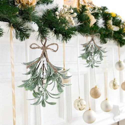 4 Pcs Artificial Mistletoe Picks - Flocked Red & White Berries with Glitter Leaves & Rope Bow, Christmas Hanging Kissing Plant Ornaments for Tree Door Party Decorations