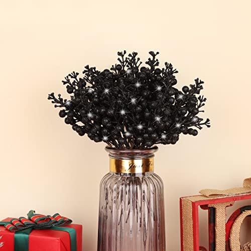 36Pcs Christmas Glitter Berry Stems, Black Artificial Christmas Tree Picks