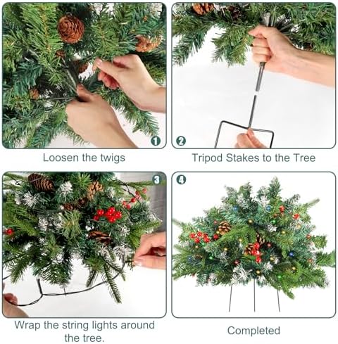 2 Pack Christmas Tree Urn Filler, Lighted Artificial Xmas Pine Trees with Tripod Stake, Light Up 8 Modes & Timer, Battery Powered Outdoor Planter Filler Festival Holiday Home Decor