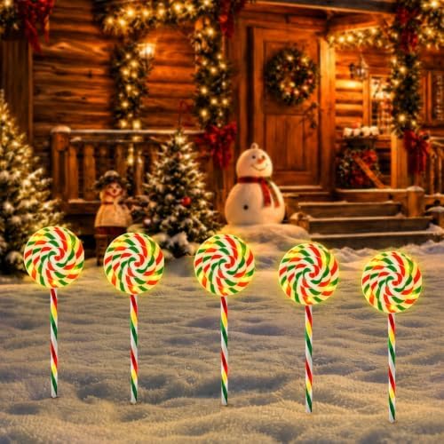 Outdoor Christmas Decorations, Lollipop Pathway Lights, 5 Pack