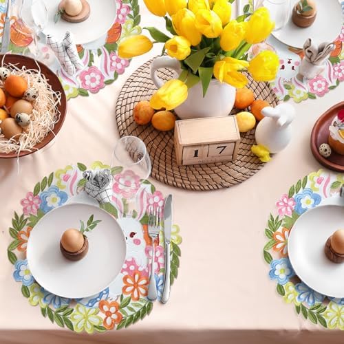 6 Pcs Easter Embroidered Placemats Double Layer Applique Bunny Egg Floral Placemat for Home Dining Holiday Easter Spring Table (Bunny, Egg, 14 x 14 Inch)