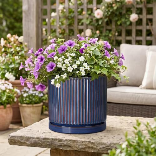 Ceramic Planter, 10 Inch Plant Pots with Saucer, Retro Blue
