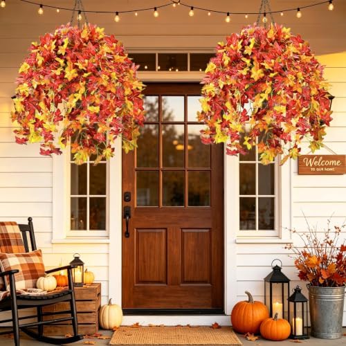 2Set Artificial Fall Hanging Baskets Outdoor Fall Porch Decor Orange