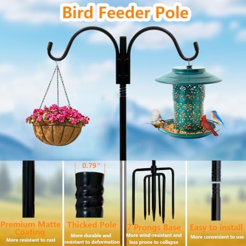 Shepherds Hooks for Outdoor,110in Bird Feder Pole with 7-Prong Base