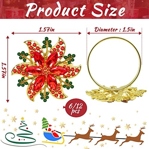 Legigo Set of 8 Christmas Flower Napkin Rings Set for Dinning Table Setting- Red Rhinestone Xmas Winter Napkin Ring Holders for Cloth Napkins, Christmas Holiday Party Dinner Table Decoration