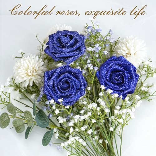 BLEUM CADE 16Pcs Artificial Flowers Glitter Roses with Stems for Wedding
