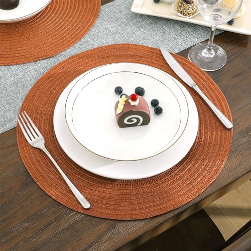 SHACOS Round Placemats Set of 4 for Dining Table 15 inch Round Braided Fall Placemats Washable Kitchen Table Mats Home Decor, Dark Orange