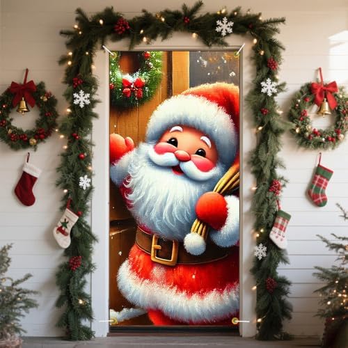 Chibi Santa Knocking Door Gift Sack Lantern Door Cover 35x71in