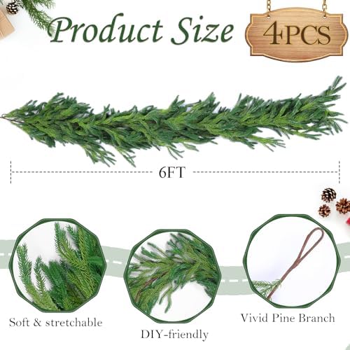Rowfad 6Ft Norfolk Pine Garland for Mantle Christmas Decorations, 4 Set