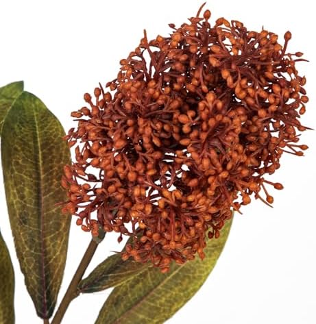 Briful 3PCS Faux Fall Flowers 22.8in Burnt Orange Skimmia Spray Artificial Flower Branches Fake Fall Skimmia Stems for Autumn Home Vase Floral Arrangement Wedding Party Decor