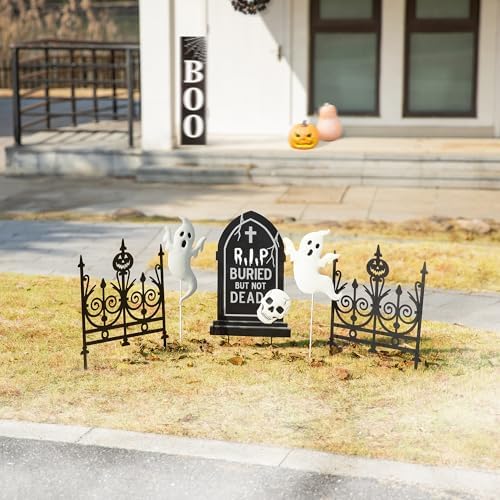 Glitzhome 24"H Set of 5 Halloween Metal Graveyard Tombstones Yard Stakes, Ghost Scary Yard Signs for Outside Lawn Garden Halloween Wall Decorations