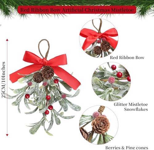 Christmas Artificial Mistletoe Ornament with Red Bow Snowy Red Berries Christmas Hanging Mistletoe Decorations Bouquet Floral Natural Pine Cones Holiday Decoration Ornament Bouquet