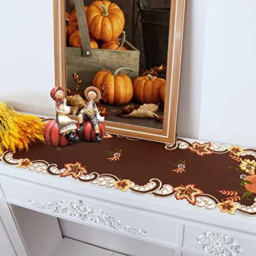 Simhomsen Brown Embroidered Thanksgiving Harvest Pumpkins Table Runners for Autumn Or Fall Decorations (14 × 54 Inches)
