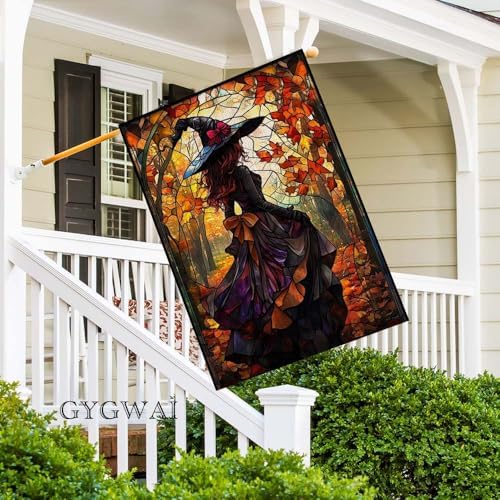 Halloween Witch House Flag 28x40 Double Sided Outside, Stained Glass Burlap Halloween Yard Flag for Fall Holiday Outdoor Decorations