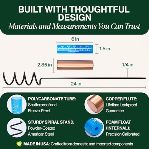 WCRG Copper Rain Gauge for Yard, Steel Stake - Outdoor Sprinkler Gauges, Shatterproof, Winter-Safe, Accurate, Decorative - The Original Floating Rain Gauge, USA Assembled & Designed