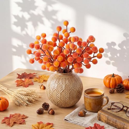 Suncalla 40 Pcs Fall Frosted Berry Stem, Floral Picks,Yellow Red,Scatter