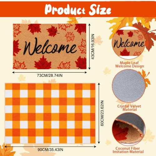 2 Pcs Fall Maple Leaf Welcome Doormat-Fall Decor Orange White Door Mat Set