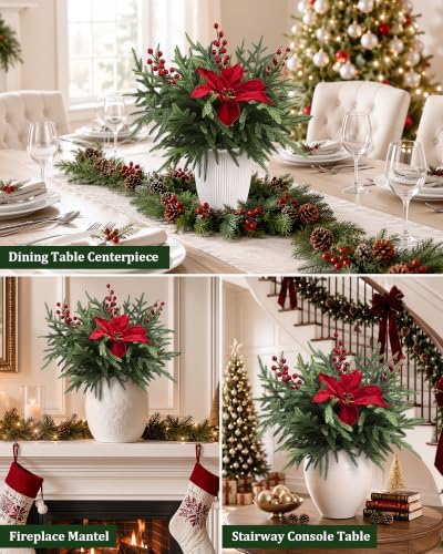 12Pcs Christmas Artificial Norfolk Pine Stems,Red Berry & Poinsettia