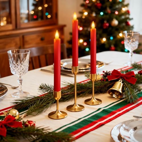 Homemory 6 Pcs Real Wax LED Red Flameless Taper Candles with Remote Timer, 9.6 Inches Fake Candlesticks, Dripless Battery Operated Window Candle with 3D Flickering Flame for Fireplace Xmas Decor