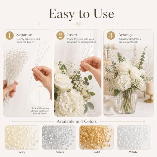 100 Pcs Floral Picks, Gold Pearl Sticks for Weddings, Christmas Tree Picks