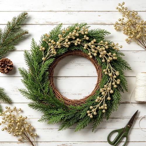 Fangoo Artificial Red Berry Stems, 6 PCS, 19.7 Inch, Burgundy Holly Berry Picks Branches for Christmas Tree, Wedding, Holiday Winter Decor (Gold)