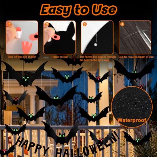 NEBURORA 16 Pcs Halloween Hanging Bat Decorations with Glowing Eyes Outdoor