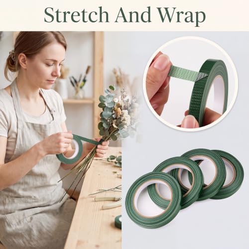 Prudiut 4 Roll Green Floral Tape Waterproof Florist Tape, 1/2" Wide Flower Wrap Tape Floral Tape Bulk for Fresh Flower Bouquet Wrap Flower Arrangements Crafts (98Ft/30Yd)