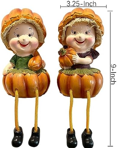KiaoTime Fall Thanksgiving Scarecrow Pumpkin Shelf Sitters with Dangling Legs Decoration, Set of 2 Fruit Harvest Sculpture for Window Sill Kitchen Tabletop Autumn Home Decoration