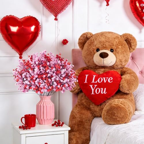 Uieke 30 Pcs Valentine’s Day Artificial Baby’s Breath Flowers, Red Pink Faux Gypsophila Bouquets Real Touch Silk Fake Flowers for Romantic Wedding, Anniversary, Party, Home Table Centerpiece Décor
