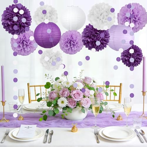 14 Pcs Purple Birthday Decorations, Pom Poms, Paper Lanterns, Dot Garlands