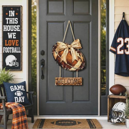 Fall Football Wreath for Front Door, Wooden Welcome Door Sign with Bow