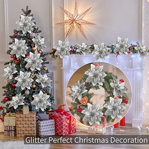 15 PCS Silver Poinsettia Flower Artificial Poinsettia with Clips Christmas Decor Glitter Poinsettia Christmas Ornaments Christmas Tree Flower Decoration with Stems DIY Xmas Wreath Holiday Party Decor