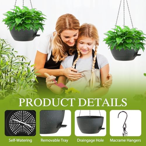 12 Inch Hanging Baskets 2 PC with Chains, Self-Watering Hanging Planters for Indoor Outdoor Plants, Plastic Hanging Flower Pots, Black with Green Speckles