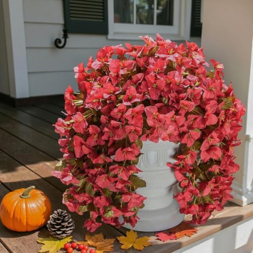 Bougainvillea Artificial Flowers for Outdoors Fake Plants Fall Autumn Decor, 2 pcs Faux Long Trailing Vines UV Resistant Look Real Red Silk Flowers for Outside Planter Front Door Porch Urn Yard Patio