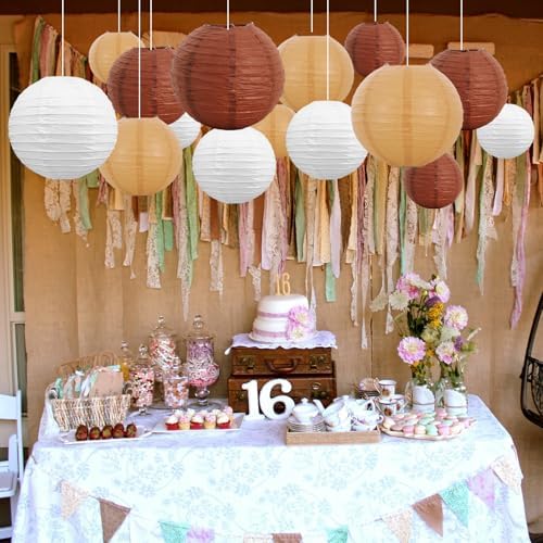 BEISHIDA Brown Mix Paper Lanterns 16Pcs 6/8/10 Inch Round Chinese Lamp