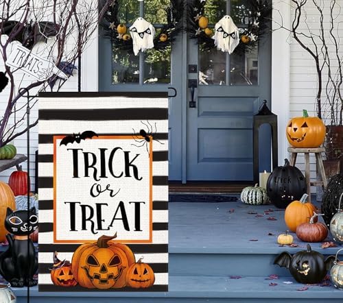 LosFong Trick or Treat Halloween Garden Flag 12x18 Inch Double Sided Burlap Scary Halloween Pumpkin Bat Spider Stripes Farmhouse Small Yard Flag for Outside Decoration (Halloween)