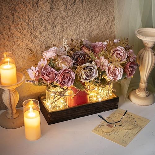 LUEUR Mason Jar Centerpiece with Artificial Fall Rose Flowers
