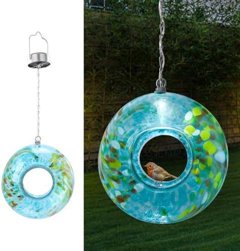 VCUTEKA Glass Bird Feeder, Fly Through Solar Feeders for Garden Decor, Blue