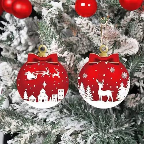 12Pcs Red and White Christmas Tree Decorations with Flat Ball Designs
