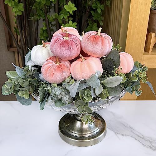Winlyn 12 Pcs Small Rustic Faux Velvet Pumpkins Decorative Blush Coral Pink Peach Ivory Fabric Foam Pumpkins 3" for Fall Wedding Bbay Shower Thanksgiving Halloween Table Centerpiece Décor