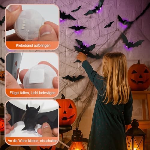 Spooky Glow 3D LED Bat Wall Decor, Halloween Lighted Flashing Bats (24Pcs)