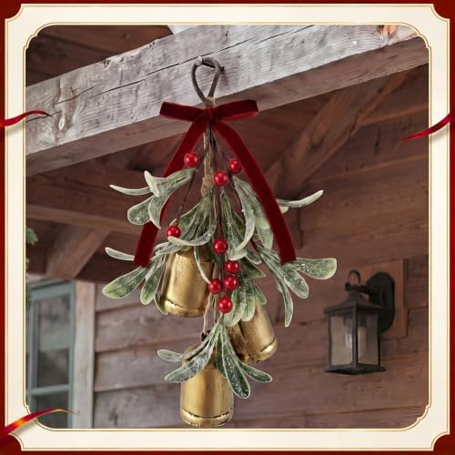 Tigeen 1 Pcs Christmas Mistletoe 3 Bells Bow Hanging Ornament, Wine Red