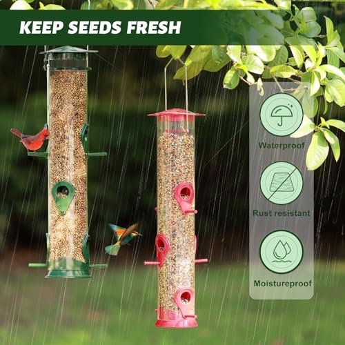 2 Packs Bird Feeder Tube Hanging Feeders, 6 Port Wild Bird Feeders Premium Hard Plastic with Steel Hanger Weatherproof and Water Resistant Great for Attracting Birds 18.2 Inches Large (Red + Green)