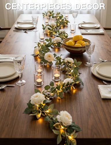 suddus 60LED Garland with White Camellia Lights Battery Operated Clear Wire