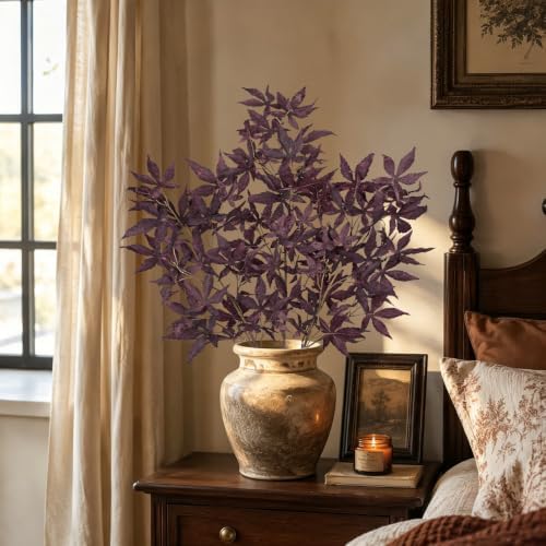 Hollyone 3Pcs Fall Leaf Stems Artificial Japanese Maple Leaves Branches Fake Fall Stems Plants Faux Maple Shrubs Leaf Bushes for Home Decor Autumn Halloween Thanksgiving Festival Decorations Burgundy