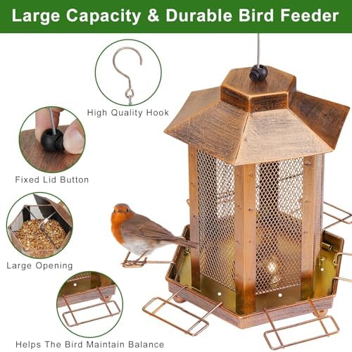 Lantern-Shaped Metal Bird Feeder for Outdoor Hanging, 5.1LB Large Capacity, Garden Decoration - Attracts Wild Birds, Durable Outdoor Bird Feeding Station for Garden Yard Outside Backyard